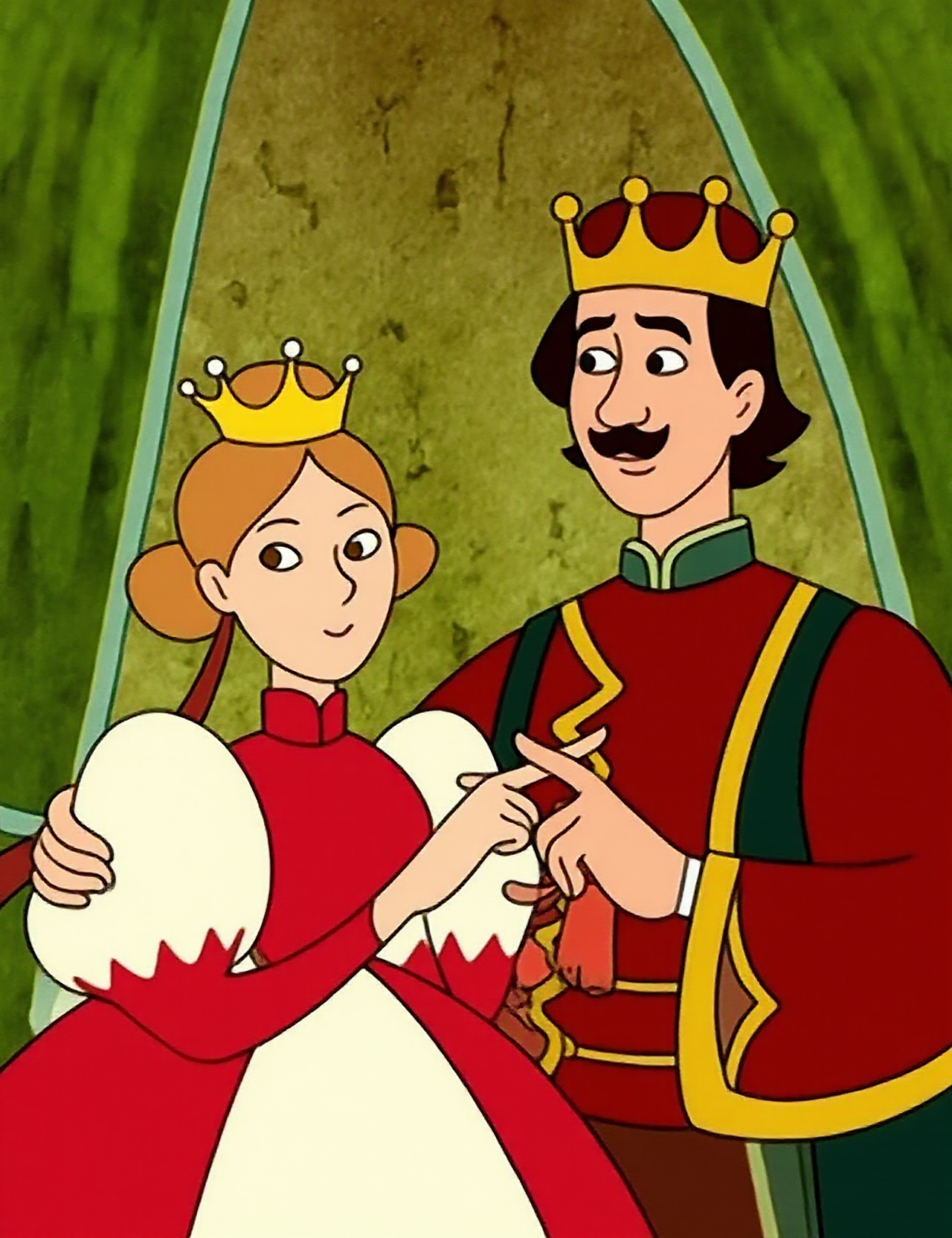 Folk tale in the style of hunfolstyle, depicting a medieval scene. The image features two characters: a men and a woman. The woman in the middle is wearing a red and white dress with a high collar and puffy sleeves, adorned with a gold crown. Her hair is styled in a bun with a red ribbon. She has a serene expression and a gentle demeanor. The man on the right, also wearing a crown, has a mustache and a confident posture. He is dressed in a red tunic with gold trim and a green jacket with elaborate embroidery on the sleeves. He is pointing at the woman with his right hand, indicating a gesture of authority or explanation. The background consists of green curtains and a stone wall, suggesting an indoor setting, possibly a throne room. The lighting is warm, enhancing the royal ambiance. The overall style is vibrant and detailed, with smooth textures and bold colors, typical of animated storytelling. 