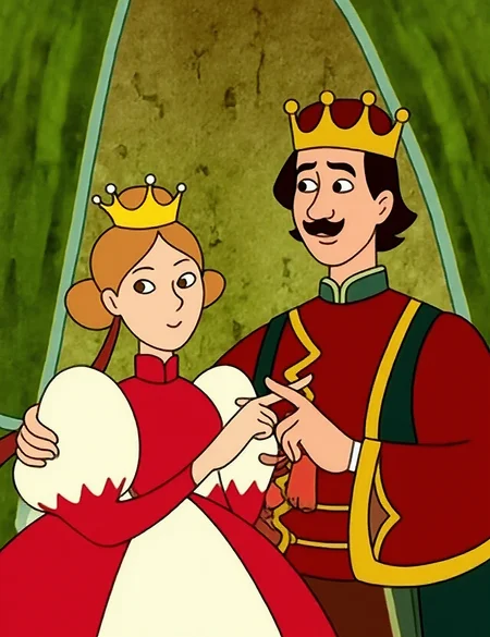 Folk tale in the style of hunfolstyle, depicting a medieval scene. The image features two characters: a men and a woman. The woman in the middle is wearing a red and white dress with a high collar and puffy sleeves, adorned with a gold crown. Her hair is styled in a bun with a red ribbon. She has a serene expression and a gentle demeanor. The man on the right, also wearing a crown, has a mustache and a confident posture. He is dressed in a red tunic with gold trim and a green jacket with elaborate embroidery on the sleeves. He is pointing at the woman with his right hand, indicating a gesture of authority or explanation. The background consists of green curtains and a stone wall, suggesting an indoor setting, possibly a throne room. The lighting is warm, enhancing the royal ambiance. The overall style is vibrant and detailed, with smooth textures and bold colors, typical of animated storytelling.