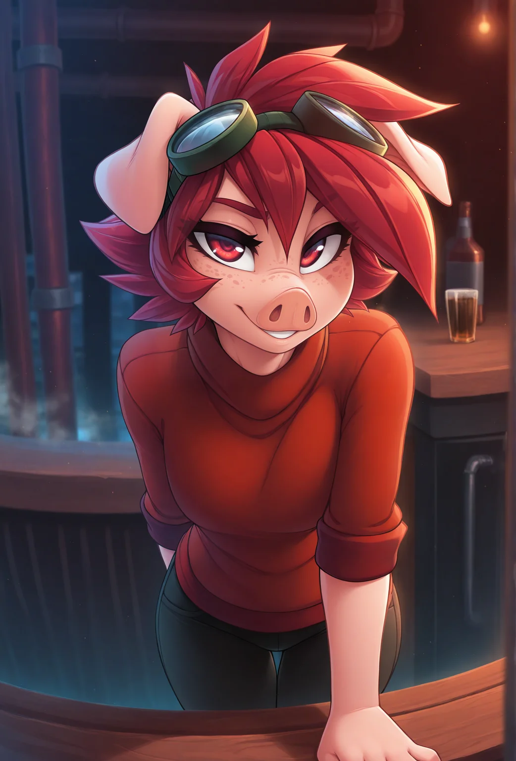 (masterpiece, best quality, very aesthetic, absurdres:1.2), <lora:fluffkevlar_style_illustrious_v1.7:1>, fkstyle, 1girl, solo, furry, pig, red hair, red sweater, sleeves rolled up, goggles on head, freckles, red eyes, black pants, bar \(place\), industrial, steam, industrial pipe, alcohol, light particles, depth of field, looking at viewer, foreshortening, flipped hair, (red theme:1.2) red background