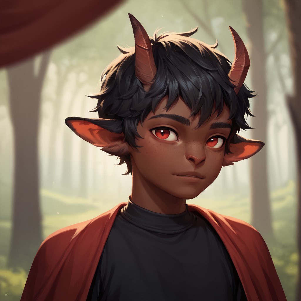 (((detailed, beautiful, high quality))), upper Body, score_9, score_8_up, score_7_up,
satyr, faun, horns, animal ears, small horns, 1male, black hair, red eyes, short stature, young, red cape, black shirt, dark skin, 
looking at the viewer, posing, blurred background, blurred fantasy background,
