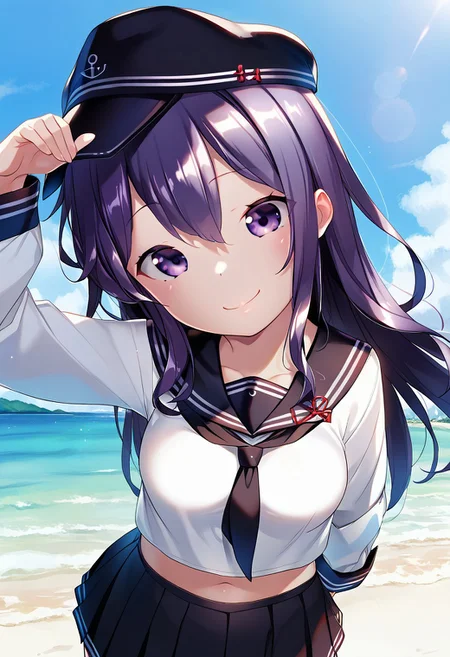 score_9,score_8_up,score_7_up,source_anime,anime, BREAK,
(cute),1girl, akatsuki \(kancolle\), (medium breasts), purple hair, long hair, hair between eyes, purple eyes,
serafuku, flat cap, black sailor collar, black skirt, long sleeves, neckerchief, sailor collar,
smile,
any pose, head tilt,
outdoors, shiny light, beach,
Henreader,
