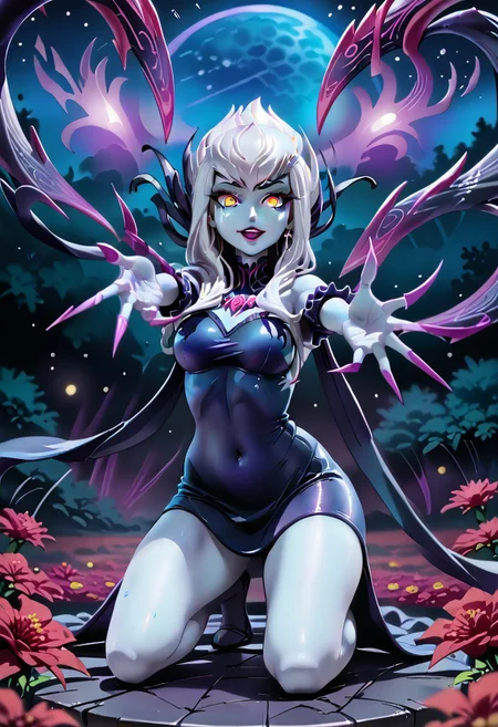 score_9,score_8_up,score_7_up, 1girl, Evelynn, Evelynn_(League of Legends), blue skin, white hair, purple aura, purple claws, (glowing eyes), alluring, innocent, seductive smile, tear, (reaching towards viewer:1.4), outstretched arm, reaching, cosmic background, purple and red flowers, purple smoke, kneeling, in a river, magic forest, horror(\theme), magic aura, <lora:Evelynn_-_League_of_Legends_-_Pony_diffusion:0.8> Evelynn, blue skin <lora:officialpit_v2-8:0.5> <lora:princess_xl_v2:1> <lora:Painted_World_-_Pony:0.5> <lora:Tsuboya PonyXL:0.8>