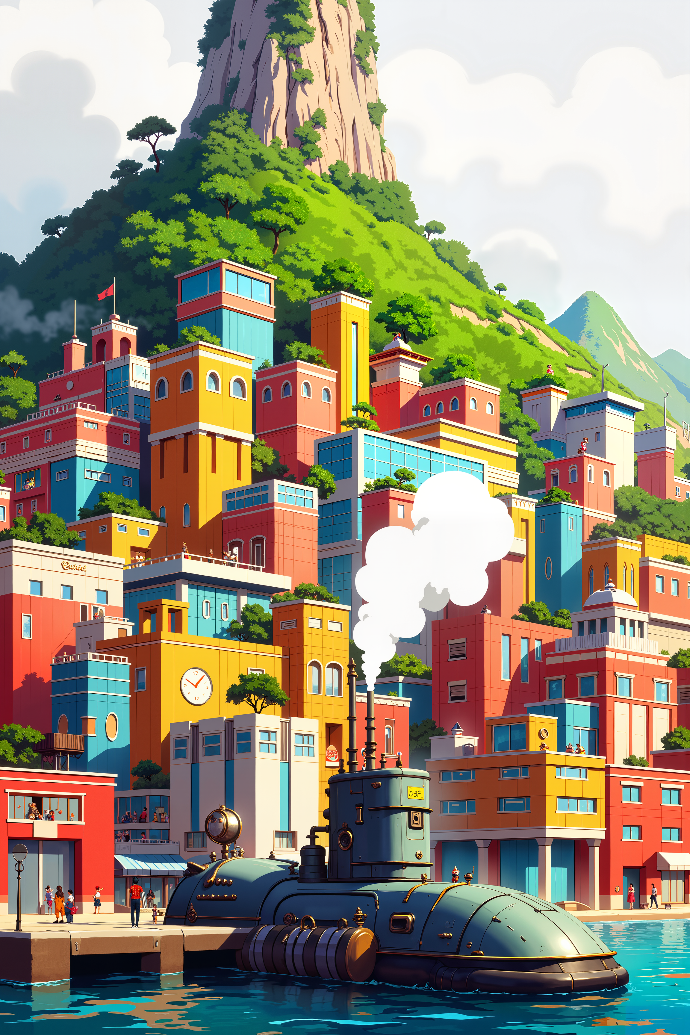 a vibrant, futuristic cityscape set against a backdrop of a lush, green hill. The city is composed of numerous colorful, geometric buildings that create a patchwork effect, with hues of red, blue, yellow, and orange dominating the scene. The architecture is a mix of modern and whimsical styles, featuring sharp angles and rounded edges.In the foreground, there is a large, partially submerged submarine, emitting a mist of steam or smoke from its top. The submarine is detailed with various protruding structures, including a radar dish and antenna, and it appears to be in the process of docking or undocking at a small pier. A few small figures can be seen on the submarine, suggesting human activity.The background features a towering hill covered in dense vegetation, with the top of the hill cloaked in mist, adding a sense of mystery and depth to the scene. The sky is overcast, with a soft, diffused light illuminating the city, giving it a serene and almost dreamlike quality. The overall atmosphere is one of a bustling yet tranquil futuristic world, blending natural and technological elements seamlessly. , detailed background  Fantastic lighting. Detailed shadows.intricate details, vivid colors, hyper-detailed, ultra-sharp, , <lora:XRSTYLE_FLUX:0.5><lora:RetroAnimeFluxV1:0.4><lora:MoriiMee_Gothic_Niji_Style_FLUX:0.3>