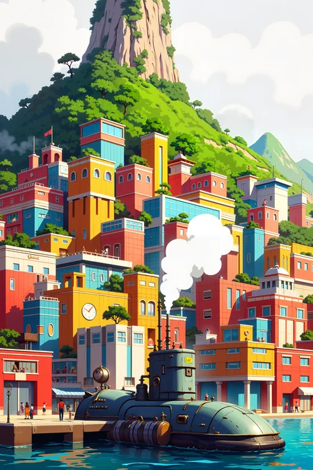 a vibrant, futuristic cityscape set against a backdrop of a lush, green hill. The city is composed of numerous colorful, geometric buildings that create a patchwork effect, with hues of red, blue, yellow, and orange dominating the scene. The architecture is a mix of modern and whimsical styles, featuring sharp angles and rounded edges.In the foreground, there is a large, partially submerged submarine, emitting a mist of steam or smoke from its top. The submarine is detailed with various protruding structures, including a radar dish and antenna, and it appears to be in the process of docking or undocking at a small pier. A few small figures can be seen on the submarine, suggesting human activity.The background features a towering hill covered in dense vegetation, with the top of the hill cloaked in mist, adding a sense of mystery and depth to the scene. The sky is overcast, with a soft, diffused light illuminating the city, giving it a serene and almost dreamlike quality. The overall atmosphere is one of a bustling yet tranquil futuristic world, blending natural and technological elements seamlessly. , detailed background Fantastic lighting. Detailed shadows.intricate details, vivid colors, hyper-detailed, ultra-sharp, , <lora:XRSTYLE_FLUX:0.5><lora:RetroAnimeFluxV1:0.4><lora:MoriiMee_Gothic_Niji_Style_FLUX:0.3>
