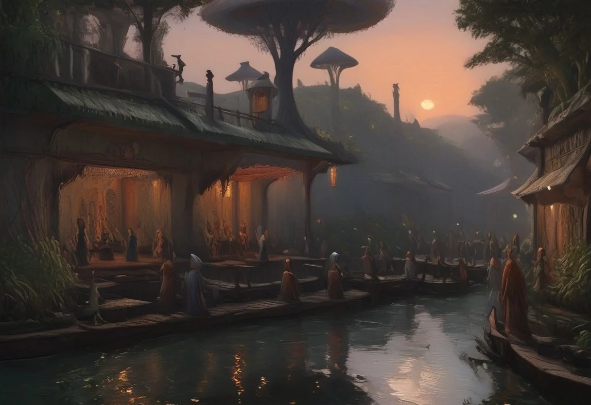 scenary, marsh, clear style, best quality, digital art, morrowind, estuary, settlement, dunmer, dunmer architecture, tree, trees, mangrove tree, dense canopy, gondola, colorful fish swimming, mushroom tree, flora, pier, best quality, semirealistic, water, mud, roots, vines, colorful fungus, sunrise, slight fog, lilly pads, aquatic flora, masterpiece, crowd, neon lights, dunmer lantern, dunmer crowd, shacks
