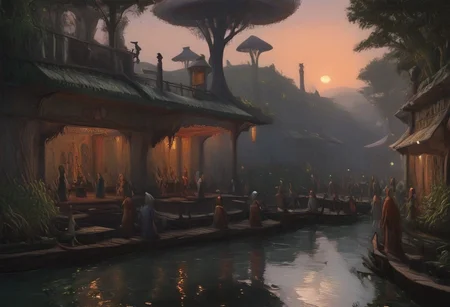 scenary, marsh, clear style, best quality, digital art, morrowind, estuary, settlement, dunmer, dunmer architecture, tree, trees, mangrove tree, dense canopy, gondola, colorful fish swimming, mushroom tree, flora, pier, best quality, semirealistic, water, mud, roots, vines, colorful fungus, sunrise, slight fog, lilly pads, aquatic flora, masterpiece, crowd, neon lights, dunmer lantern, dunmer crowd, shacks