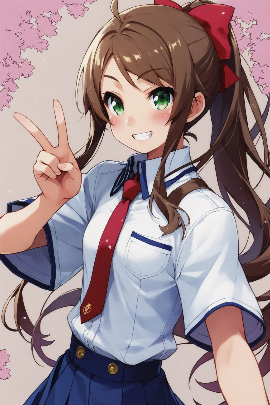 score_9,score_8_up,score_7_up,masterpiece,best quality,very aesthetic,absurdres,official art,official style,
Shimada Minami,1girl,solo,green eyes,school uniform,ponytail,brown hair,v,skirt,smile,grin,blush,red necktie,long hair,small breasts,looking at viewer,
<lora:Haga yui_XL_PONY:0.8>,