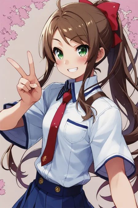 score_9,score_8_up,score_7_up,masterpiece,best quality,very aesthetic,absurdres,official art,official style,
Shimada Minami,1girl,solo,green eyes,school uniform,ponytail,brown hair,v,skirt,smile,grin,blush,red necktie,long hair,small breasts,looking at viewer,
<lora:Haga yui_XL_PONY:0.8>,
