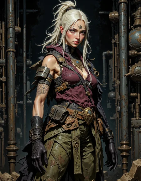 a young woman in her mid-twenties with a strong,athletic build and a rebellious,edgy look,her light olive skin tone accentuated by long,dark hair streaked with bold platinum blonde highlights cascading over her shoulders,her sharp,expressive eyes framed by a small tattoo under her right eye,her determined expression exudes confidence and strength,dressed in a rugged tactical outfit featuring a sleeveless deep burgundy tank top that reveals her toned arms,a tactical harness with pouches draped over her shoulder hints at combat readiness,camouflage-patterned pants and black tactical gloves complete her look,her left arm adorned with intricate dark ink tattoos spiraling from shoulder to forearm,standing in a dimly lit industrial setting of metal structures and pipes,the moody lighting casts deep shadows and highlights,enhancing the gritty realism of the scene,the background's warehouse ambiance amplifies the sense of readiness and resilience,<lora:RM_Artistify_v1.0M_980671:1>,<lora:zhongfenghuaStyle:1>,zhongfenghuaStyle,<lora:VividlySurreal:1>,