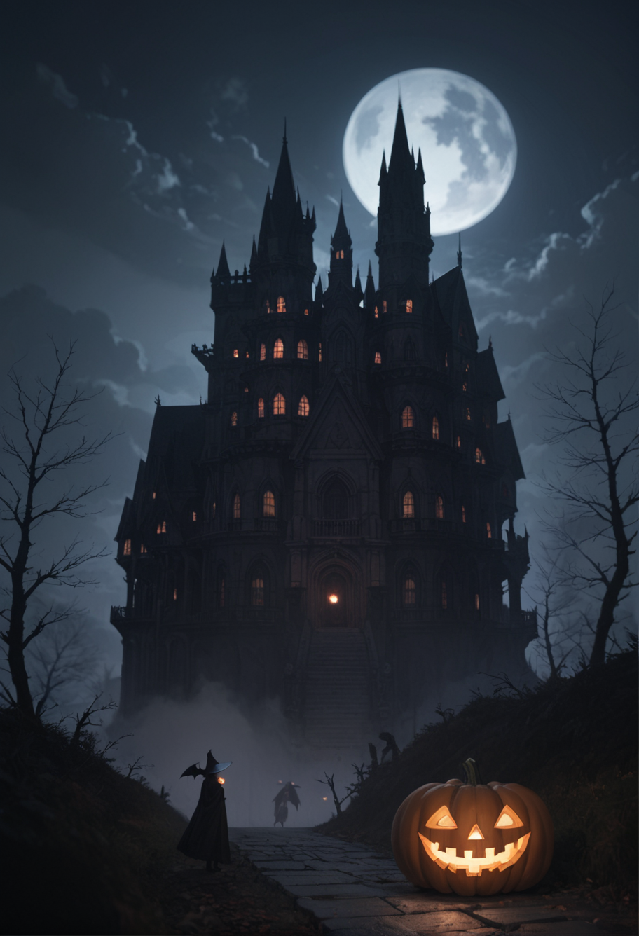 ,ruanyi1063,bare tree,castle,fog,night,dark,moon,
flying witch,jack-o'-lantern,bat \(animal\),jack-o'-lantern,<lora:1063 castle_v1_pony:0.7>, score_9, score_8_up, score_7_up, score_6_up, score_9, score_8_up, score_7_up, score_6_up source_anime, blush, 1girl, seduce smile, perfect body , natural huge breasts