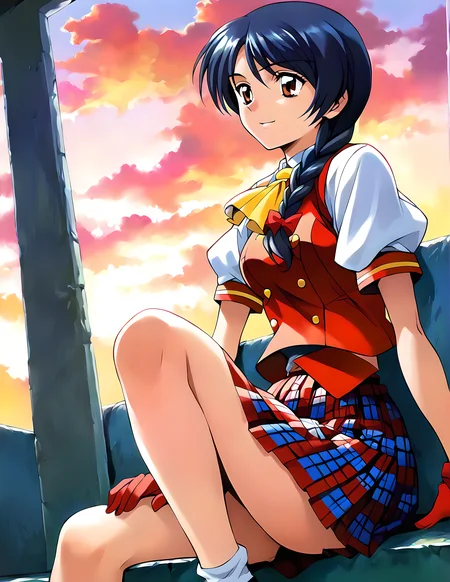 <lora:pony_xl_raizze:0.8>,raizze,score_9,score_8_up,score_7_up,source_anime,1girl,school uniform,red vest,puffy short sleeves,white shirt,ascot,red gloves,red skirt,miniskirt,pleated skirt,plaid skirt,white socks,loafers,sunset,a lonely smile,cowboy_shot,sitting,