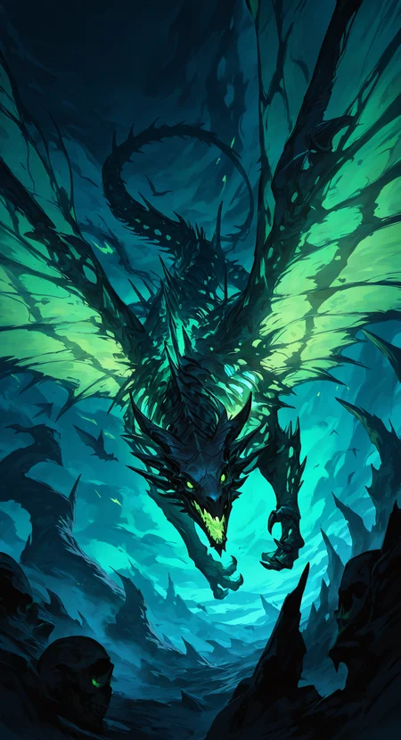 masterpiece, best quality, good quality, very awa, very aesthetic, absurdres, newest, A skeleton dragon,Spread wings,roar,flying, Glowing green eyes,Dive,
looking_at_viewer, Dutch Angle, <lora:spo_sdxl_10ep_4k-data_lora_webui:0.6> <lora:ponyv4_noob1_2_adamW-000017:0.7> <lora:USNR_STYLE_XL_lokr:0.45>