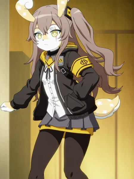 1girl,ump45 \(girls' frontline\),hair between eyes,yellow eyes,scar across eye,long hair,brown hair,grey hair,scar on face,black jacket,white shirt,one side up,yellow armband,armband,small breasts,miniskirt,black pantyhose,
<lora:MelusineIllustrious-V2:1>,melusine,yellow skin,curly ears,stubby tail,office,
source_anime,masterpiece,best quality,uncensored,detailed shadows,complex background CG,HD wallpaper,extremely detailed,high definition,amazing quality,very aesthetic,absurdres,highres BREAK
intricate details,anime coloring,detailed eyes,anime screencap,anime coloring,anime studio,
