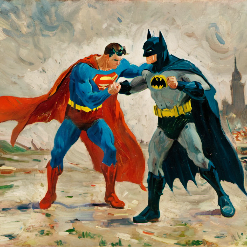 ((Best quality)), ((masterpiece)), vg, painting, super man fighting with batman, night, outdoor <lora:vincent_van_gogh_xl:1>