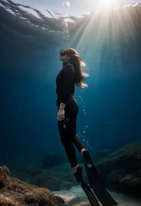score_9, score_8_up, score_7_up, realistic,
BREAK
Underwater low angle medium shot from the side of a female freediver wearing a black wetsuit swimming up towards the surface, black dive mask, black diving fins, light rays, water surface, flowing hair, air bubbles, 
BREAK
high quality, high detail,