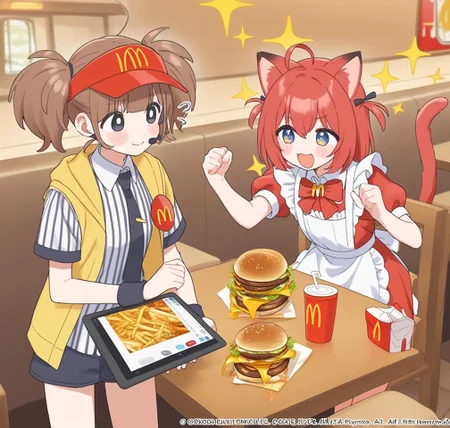 masterpiece,best quality, very aesthetic, absurdres, official art,
<lora:Expressive_H:1> Expressiveh,
indoors, wall, mcdonald's, restaurant,
2girls,
(standing in restaurant, holding tablet pc:1.4),
<lora:wchi_XL_v1:0.5> wchi, smile, flying sweatdrops,
necktie, twintails, visor cap, brown hair, ahoge, black eyes, headset, vertical-striped shirt, wristband, short sleeves, collared shirt, eyebrows visible through hair, blunt bangs, yellow jacket, badge, blush stickers,
looking away, from front,  
BREAK
masterpiece,best quality, very aesthetic, absurdres, official art,
indoors, wall, mcdonald's, restaurant,
2girls,
(sitting on chair in restaurant, burger on table, juice on table:1.4),
<lora:spakamiKarubiXLPony:1> karubidef, smile, open mouth, excited, sparkling aura,
blue eyes, red hair, ahoge, (cat ears:1.2), animal ear, fluff, tail, hair ribbon, dress, red dress, red bow, white apron, puffy short sleeves,
looking away, from side,