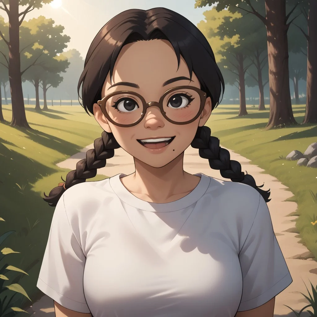 score_9, score_8, BREAK, solo, mii, wii, black eyes, brown glasses, small nose, half circle nose, big mouth, open mouth, teeth, mole under mouth, black hair, low braids, white clothing, black pants, shoes, blush, 1girl, female mii, cute, medium breasts, keiko_(\Wii_Sports\), wii Sports, Nintendo Mii, modern_mii, classic_mii, sexy pose, self portrait, smile, outdoors, sunlight, shadows, evening lighting, natural lighting, forest, trees, grass, orange sky, sunset
