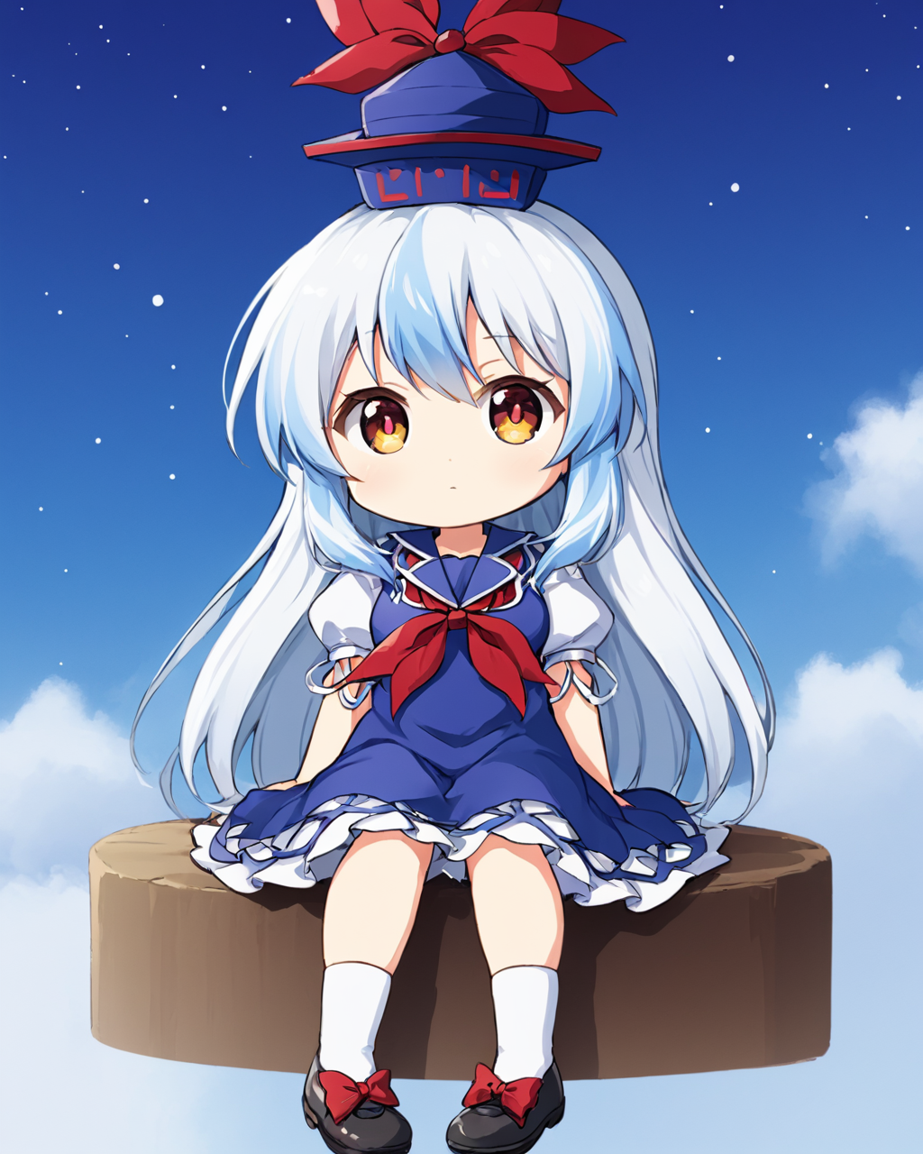 kamishirasawa keine,1girl, solo, hat, blue_dress, white_socks, looking_at_viewer, black_footwear, one-hour_drawing_challenge, puffy_short_sleeves, red_neckerchief, red_bow, shoes, sitting, closed_mouth, sky, chibi, star_\(sky\)
<lora:kamishirasawa_keine_image2095_2023-12-14-000010:1>,star-shaped_pupils,symbol-shaped_pupils,. gorgeous,key visual, vibrant, studio anime,award-winning, professional, highly detailed,high budget, cinemascope