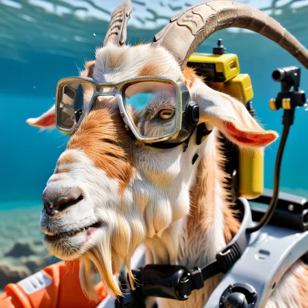 goats01 under water in scuba gear, cinematic, Medium long shot, digital painting, <lora:goats01-xl:1>