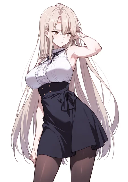 (masterpiece),(best quality),(ultra-detailed),(best illustration),(best shadow),(absurdres),(detailed background),(very aesthetic), 1girl, solo, big breasts, <lora:Rachel_Juvenile_Law__Illustrious:1>, blonde hair, long hair, brown eyes, forehead scar, sleeveless shirt, frills, waist skirt, pantyhose, snow background