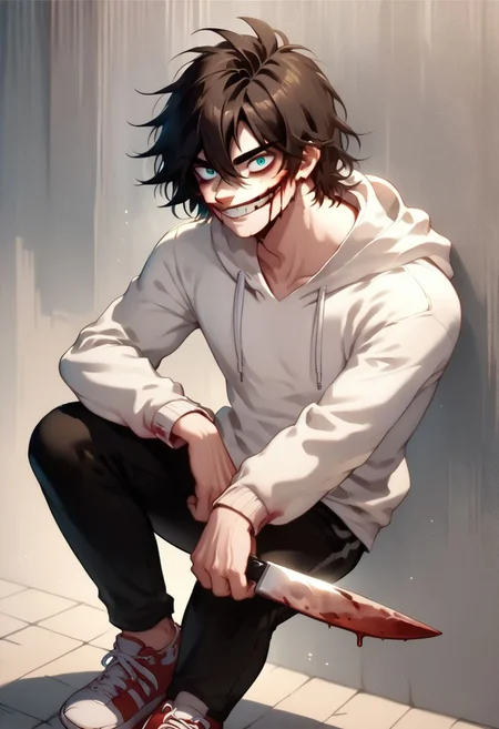 score_9, score_8_up, score_7_up, score_6_up, score_5_up, score_4_up,1boy, white hoodie, long black hair, slit smile, bloody smile, blue eyes, pale skin, black pants, sneakers , hyper detailed, beautiful anime painting, solo, male focus, half body,dark, dangerous, crazy eyes, holding bloody knife