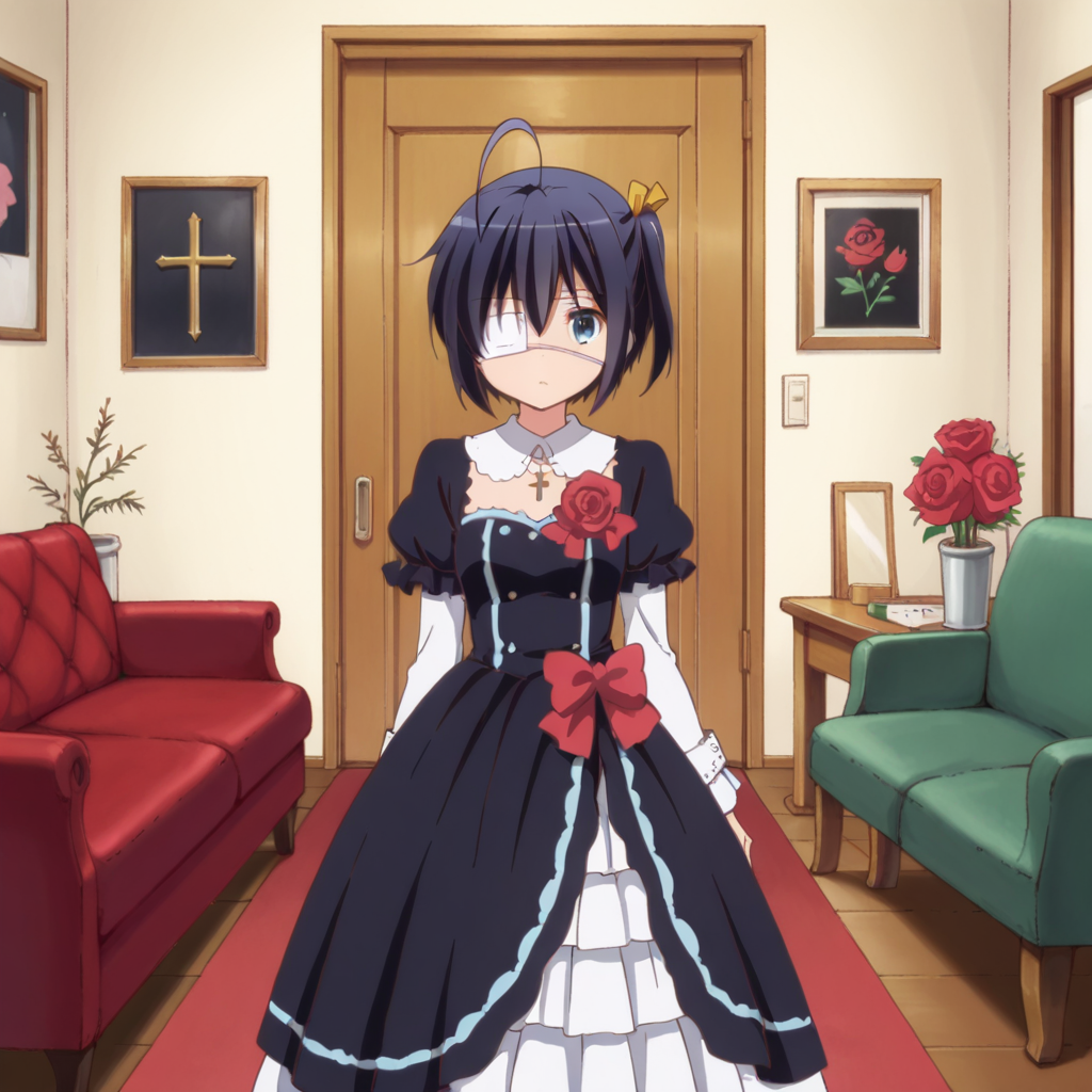 masterpiece, best quality, amazing quality,1girl, solo, love_chunibyo_other_delusions_takanashi_rikka, eyepatch, dress, flower, medical eyepatch, one side up, black hair, short hair, rose, blue eyes, ahoge, cross,  bow,  living room, <lora:Takanashi_Rikka:0.7>