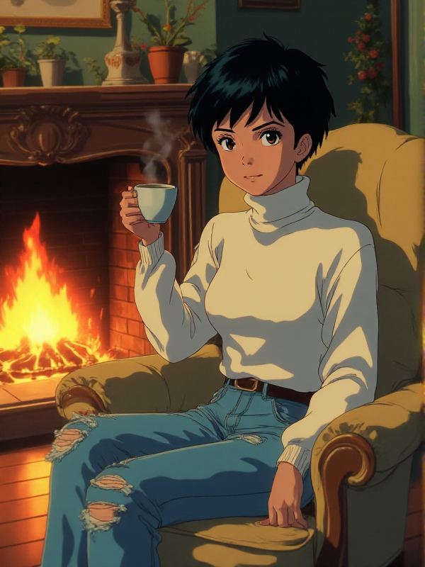 anime style, cartoon scenery, a woman, black pixies haircut.  She wears a white turtleneck and ripped jeans. she sits on a chair in a living room. She holds a hot coffee cup. She is next to a fireplace.  <lora:Anime_style:0.9>