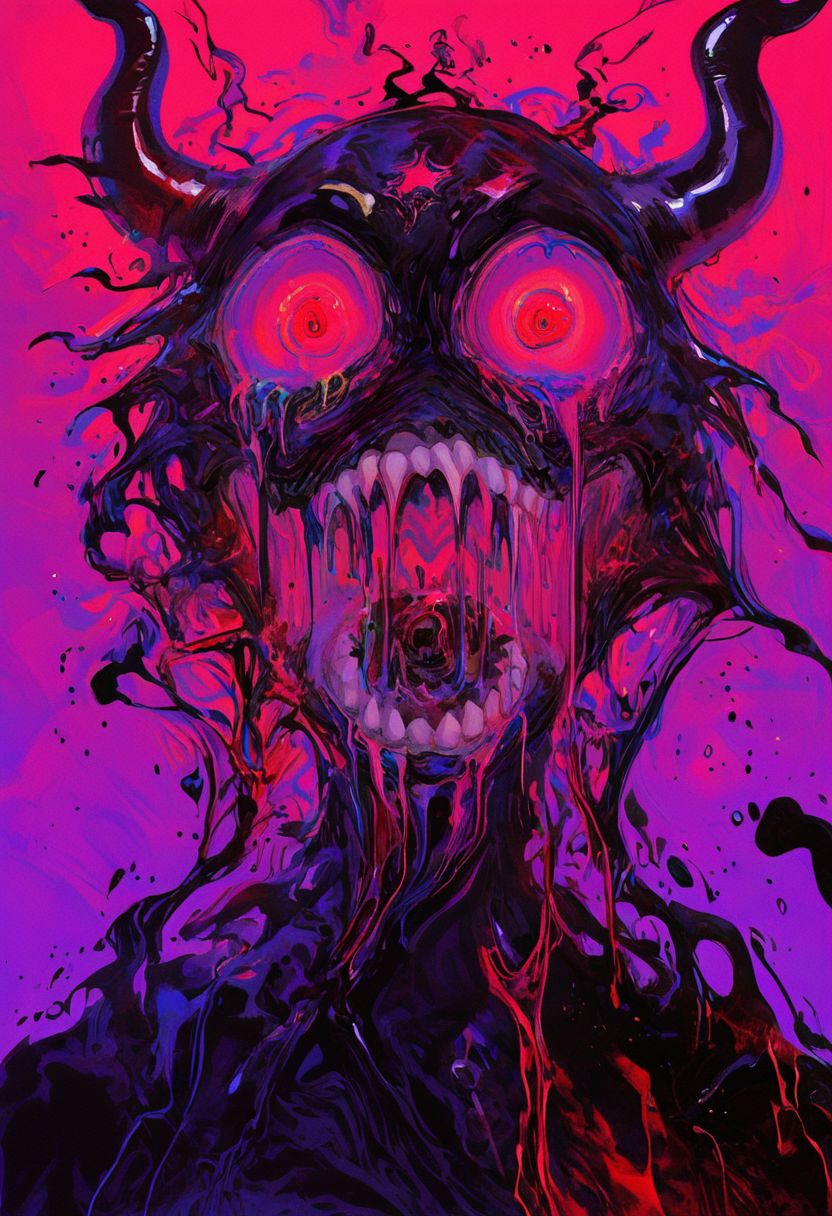 blood god, black and red look, horns, glowing crown above horns, blood leaking crown, glowing red chest, black body, read eyes, messy mouth, venom look, slime body, creature, genderless, skinless,01l,f3nn3r, colourful, pink, blue, black, red, trippy,