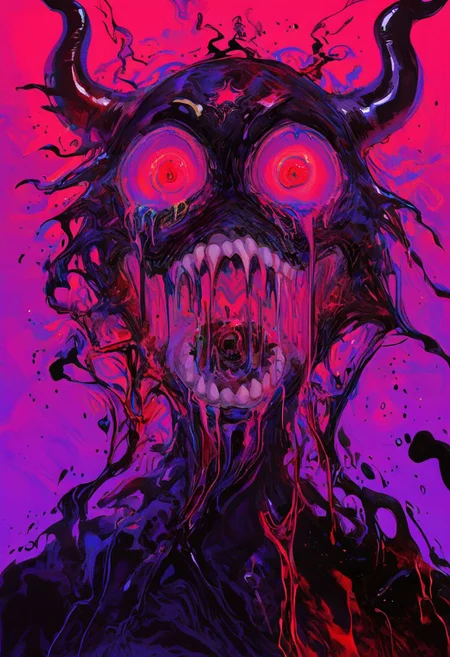 blood god, black and red look, horns, glowing crown above horns, blood leaking crown, glowing red chest, black body, read eyes, messy mouth, venom look, slime body, creature, genderless, skinless,01l,f3nn3r, colourful, pink, blue, black, red, trippy,