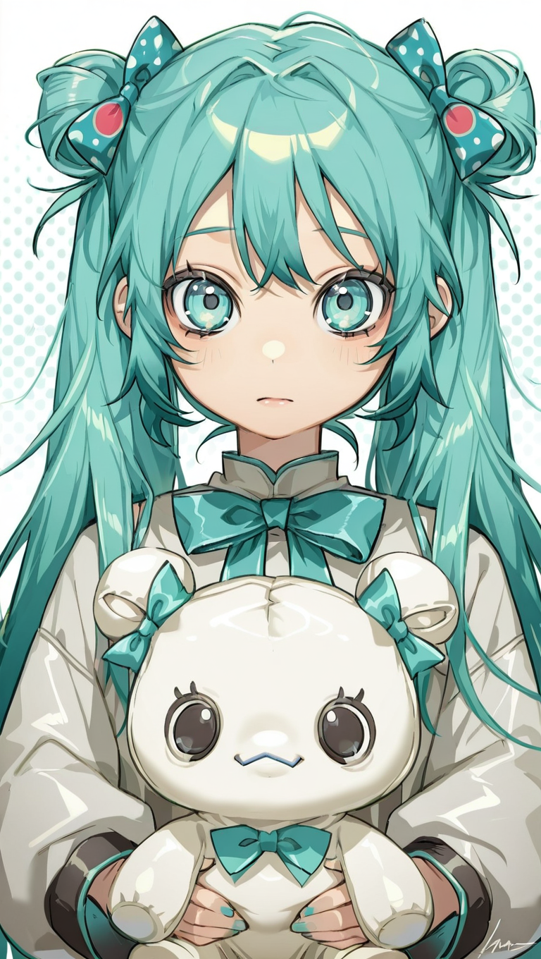 1girl, aqua bow, aqua bowtie, aqua eyes, aqua hair, bangs, blue bow, bow, double bun, hair bow, halftone background, hatsune miku, holding, looking at viewer, polka dot, polka dot background, signature, stuffed animal, stuffed toy, upper body white background<lora:Lumineth:1>
