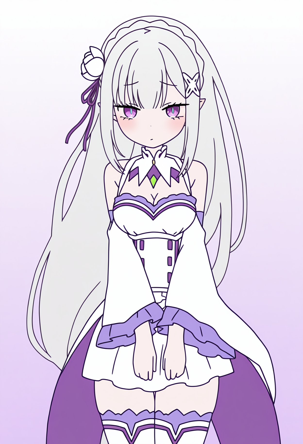 masterpiece, best quality, high resolution, source_anime, highly detailed illustration, detailed eyes,  
very aesthetic, absurdres, newest, amazing quality, 
<lora:shiRabbitHoleStyleConceptV1ill:1>, shirbtlestyle,
1girl, solo, 
<lora:shiEmiliaV12ill:1> shimilia, long hair, grey hair, purple eyes, pointy ears, crown braid, hair flower, hair ribbon, purple ribbon, x hair ornament, white dress, cleavage, bare shoulders, wide sleeves, white thighhighs, thigh boots,
