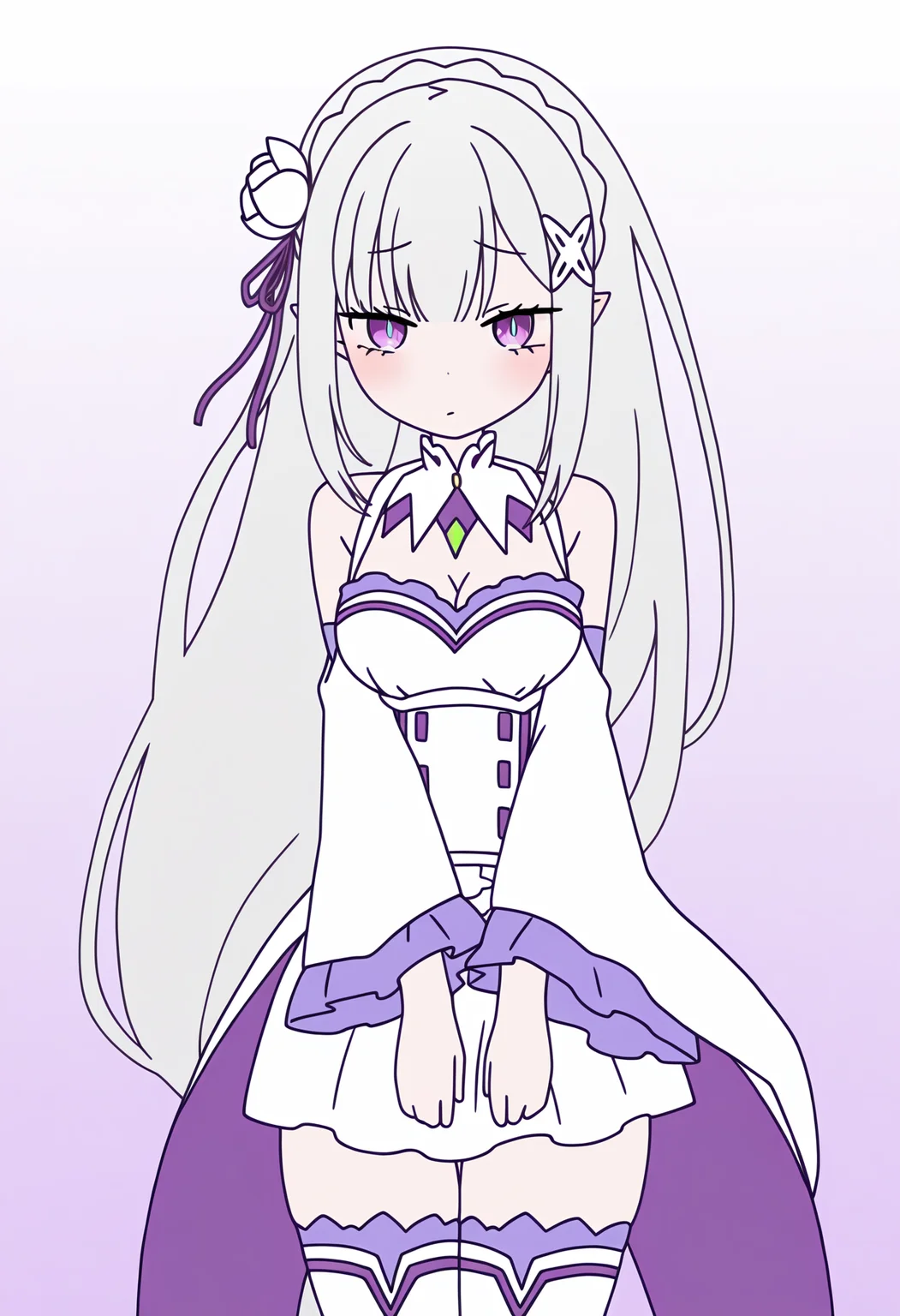 masterpiece, best quality, high resolution, source_anime, highly detailed illustration, detailed eyes,
very aesthetic, absurdres, newest, amazing quality,
<lora:shiRabbitHoleStyleConceptV1ill:1>, shirbtlestyle,
1girl, solo,
<lora:shiEmiliaV12ill:1> shimilia, long hair, grey hair, purple eyes, pointy ears, crown braid, hair flower, hair ribbon, purple ribbon, x hair ornament, white dress, cleavage, bare shoulders, wide sleeves, white thighhighs, thigh boots,