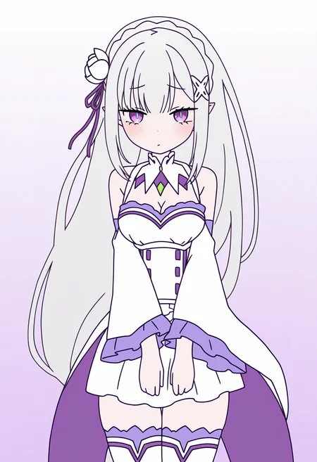 masterpiece, best quality, high resolution, source_anime, highly detailed illustration, detailed eyes,
very aesthetic, absurdres, newest, amazing quality,
<lora:shiRabbitHoleStyleConceptV1ill:1>, shirbtlestyle,
1girl, solo,
<lora:shiEmiliaV12ill:1> shimilia, long hair, grey hair, purple eyes, pointy ears, crown braid, hair flower, hair ribbon, purple ribbon, x hair ornament, white dress, cleavage, bare shoulders, wide sleeves, white thighhighs, thigh boots,
