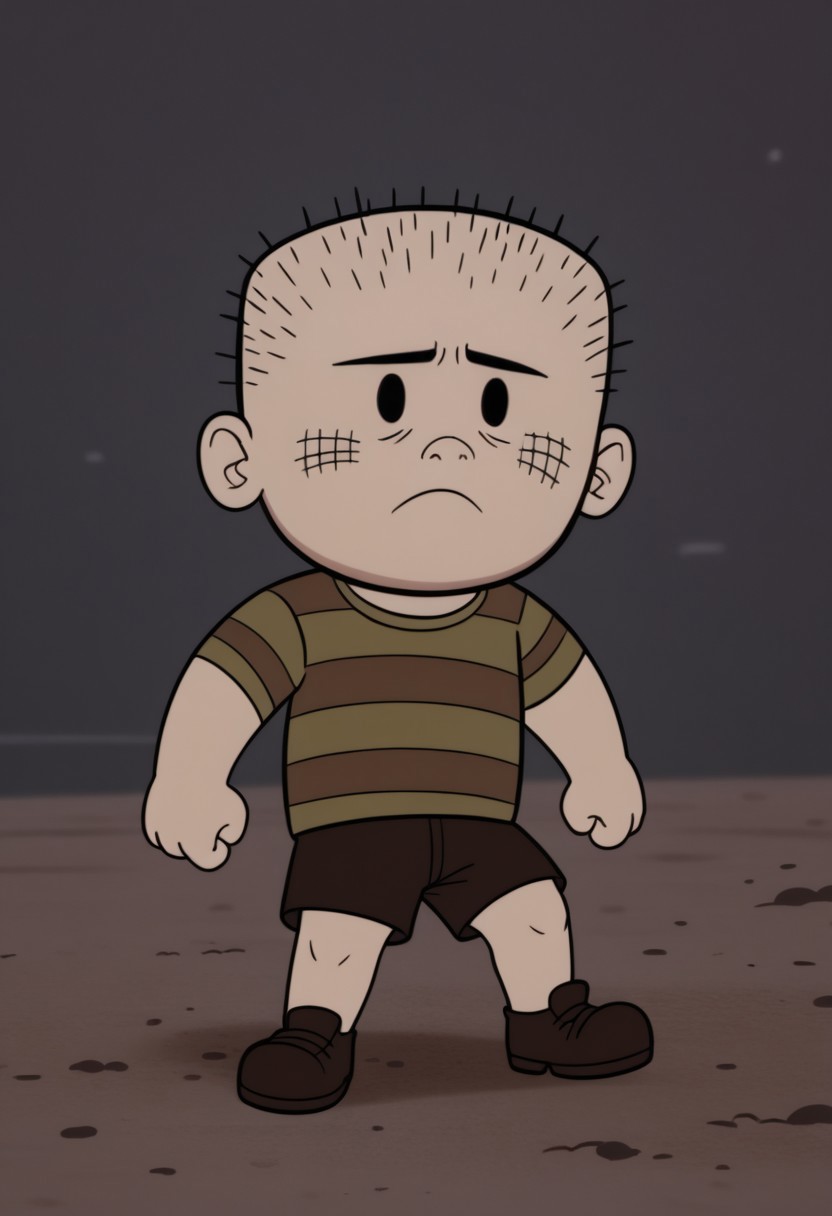 Solo, one character, 
1boy, HarryPitt, small body, large round head, short spiky stubble hair, light skin, black oval-shaped eyes, no sclera, crosshatch pattern on cheeks, button nose, unibrow, kiwi striped shirt, dark brown shorts, dark brown shoes,