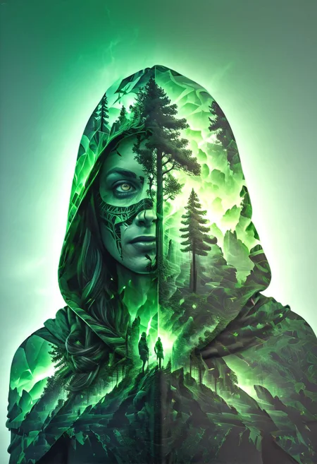 mysterious silhouette woman with hood, amazing depth, double exposure, surreal, ancient green forest, stag silhouette, pattern, lightening, geometric patterns, intricately detailed, bokeh,  perfect balanced, deep fine borders, artistic photorealism , smooth,  with a white background