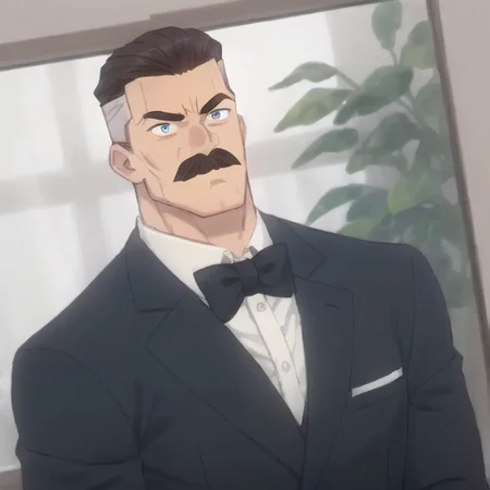 man,<lora:omniman:0.6>, mustache, muscular, suit, indoors, close up