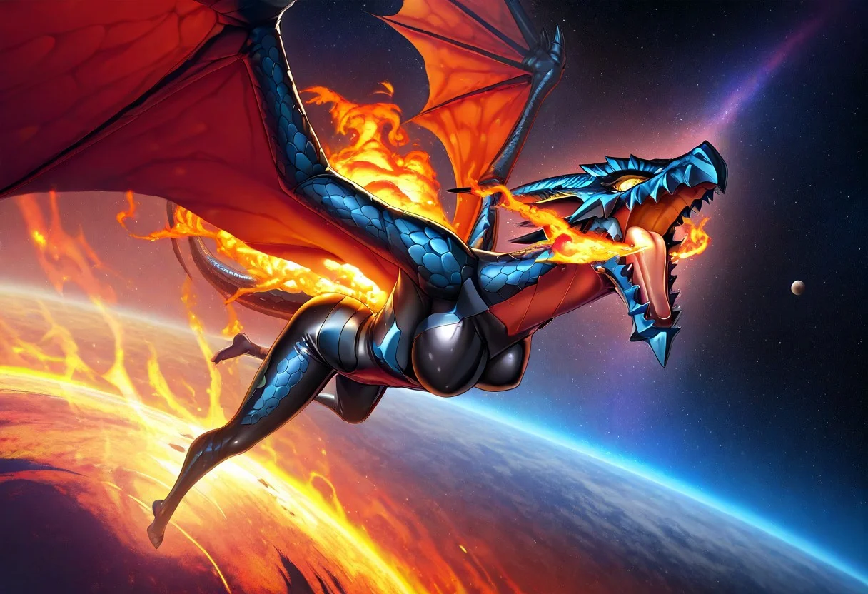 masterpiece, best quality, highly detailed, good quality, newest, realistic, matte paint,oil on canvas, dynamic lighting, wide angle, full view,
dragon made from blackopal, flying, wings spread wide, wings tipped with fire, breathing fire,
space, galactic rift, whirling stars above an alien planet,
kagami_hirotaka