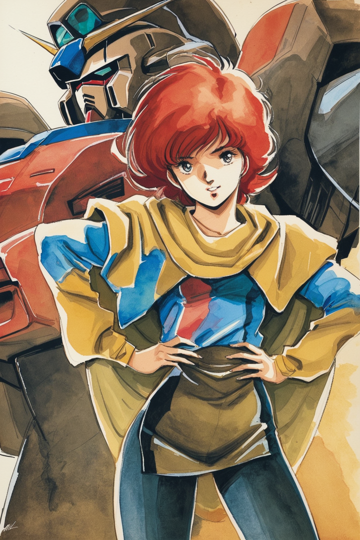 1girl,mecha,robot,retro artstyle,hands on hips,short hair,1980s (style),red hair,pantyhose,looking at viewer,brown hair,cape,solo,long sleeves,traditional media,watercolor \(medium\),<lora:Haruhiko Mikimoto_XL_V2:0.8>,
