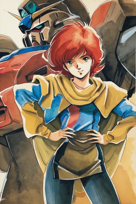 1girl,mecha,robot,retro artstyle,hands on hips,short hair,1980s (style),red hair,pantyhose,looking at viewer,brown hair,cape,solo,long sleeves,traditional media,watercolor \(medium\),<lora:Haruhiko Mikimoto_XL_V2:0.8>,