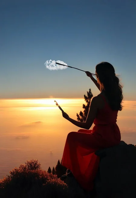 F-B-C, foreground: a seated woman painting with a long brush  , background: mountain landscape above clouds and sunset  , effect: the woman paints clouds in the sky