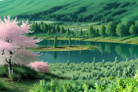 An egoztic forest made of large flowering giant asparagus , lake