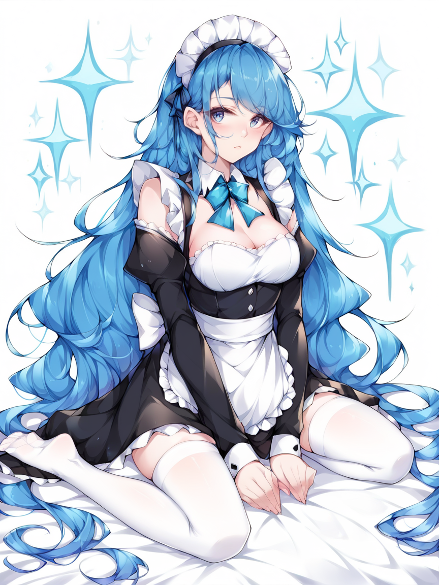 score_9, score_8_up, score_7_up, score_6_up, score_5_up,  <lora:yukinXLP:1> yukin, 1girl, blue hair, long hair, maid, thighhighs, kneeling,