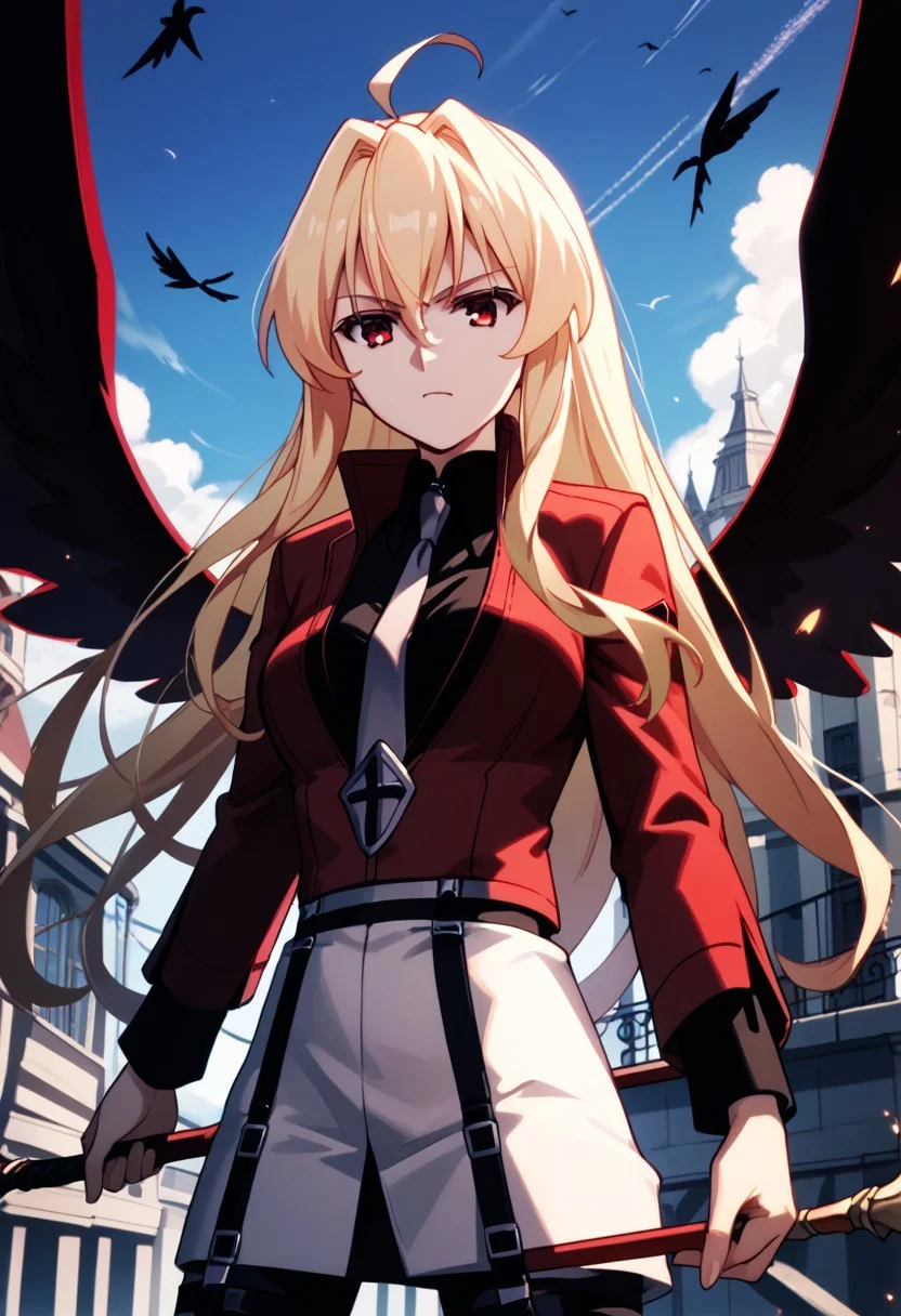 score_9,score_8_up,score_7_up,source_anime,Leticia Draculea (Adult),1girl,solo,skirt,long sleeves,holding,jacket,ahoge,weapon,wings,head wings,staff,black wings,