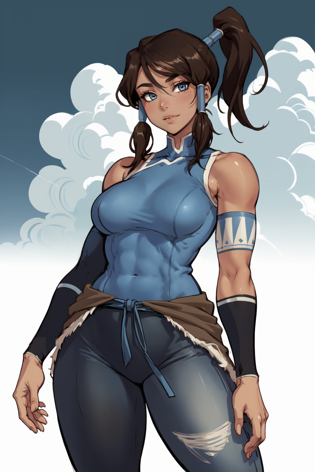 1girl, (solo:1.2), (cowboy shot:1.2), (looking at viewer:1.3),
<lora:Korra [justTNP - v1.0]:1> korra, dark skin, (dark-skinned female:1.2), pants, ponytail, hair tubes, sleeveless, bare shoulders, brown hair, blue eyes, toned, (muscular female), (large breasts:1.2), curvy
BREAK <lora:Cle Masahiro [MockAi - v1.0]:0.85> clemasahiro, (anime aesthetic:1.2), soft shading
BREAK intricate details, (masterpiece:1.3), (best quality:1.3), (perfect anatomy:1.4) BREAK, (beautiful white clouds:1.3), puffy clouds, white sky