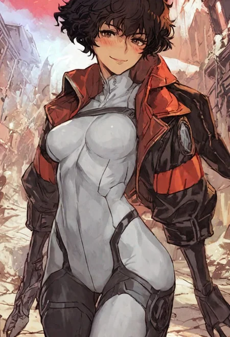 score_9, score_8_up, score_7_up, score_6_up, score_5_up, score_4_up, <lora:RWSara01:1>, RWSara01, jacket, bodysuit, smile, score_9, score_8_up, score_7_up, score_6_up, score_5_up, score_4_up, rating_questionable, , source_anime, digital illustration, pixiv, fanbox, uncensored, , BREAK, official art, 1girl, solo, Seductive Eyes, skinbodysuit, bodysuit, outdoors, blush, cowboy shot, looking at viewer, <lora:skinbodysuit e3-000009:0.75>, ng_deepnegative_v1_75t, easynegative, OverallDetail