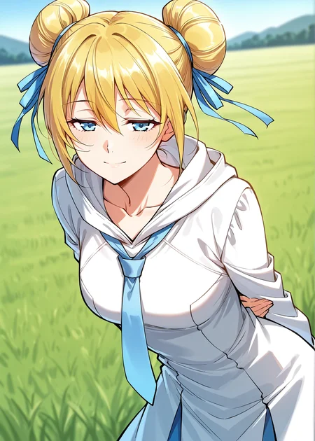 <lora:Meng_Wu:1>
1 girl, solo, blue eyes, blonde hair
white dress, ribbon, hair ribbon, blue ribbon, blue necktie, short hair, hair bun, single hair bun, double bun, white hoodie, hair between eyes, collarbone, white sleeves, long sleeves
score_9, score_8_up, score_7_up, very aesthetic, source_anime, detailed, high quality, beautiful, masterpiece, detailed eyes, field, blurry background, pose dynamic angle, upper body, cowboy shot, light smile, floating hair, half-closed eyes, hands behind back, leaning forward, looking forward, looking at viewer