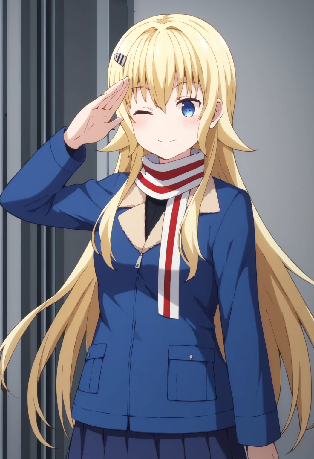 score_9, score_8_up, score_7_up, source_anime, rating:explict, uncensored, 1girl,
BREAK,
<lora:claudia_bruford_ponyXL_v1:1> claudia bruford, blue eyes, blonde hair, long hair, hair ornament, scarf, hairclip, jacket, skirt, salute, one eye closed,