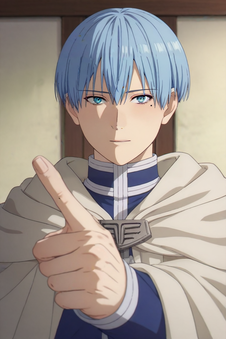 score_9, score_8_up, score_7_up, source_anime, (realistic:0.6), looking at viewer, upper body, depth of field, 1boy, solo, male focus, <lora:himmel_sousou_no_frieren_pony:0.88>, himmel_sousou_no_frieren, blue hair, blue eyes, short hair, mole under eye, ,, steampunk, One hand pointing, signaling direction, <lora:sdxl_lightning_8step_lora:1>