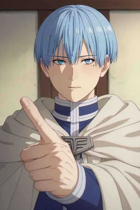 score_9, score_8_up, score_7_up, source_anime, (realistic:0.6), looking at viewer, upper body, depth of field, 1boy, solo, male focus, <lora:himmel_sousou_no_frieren_pony:0.88>, himmel_sousou_no_frieren, blue hair, blue eyes, short hair, mole under eye, ,, steampunk, One hand pointing, signaling direction, <lora:sdxl_lightning_8step_lora:1>