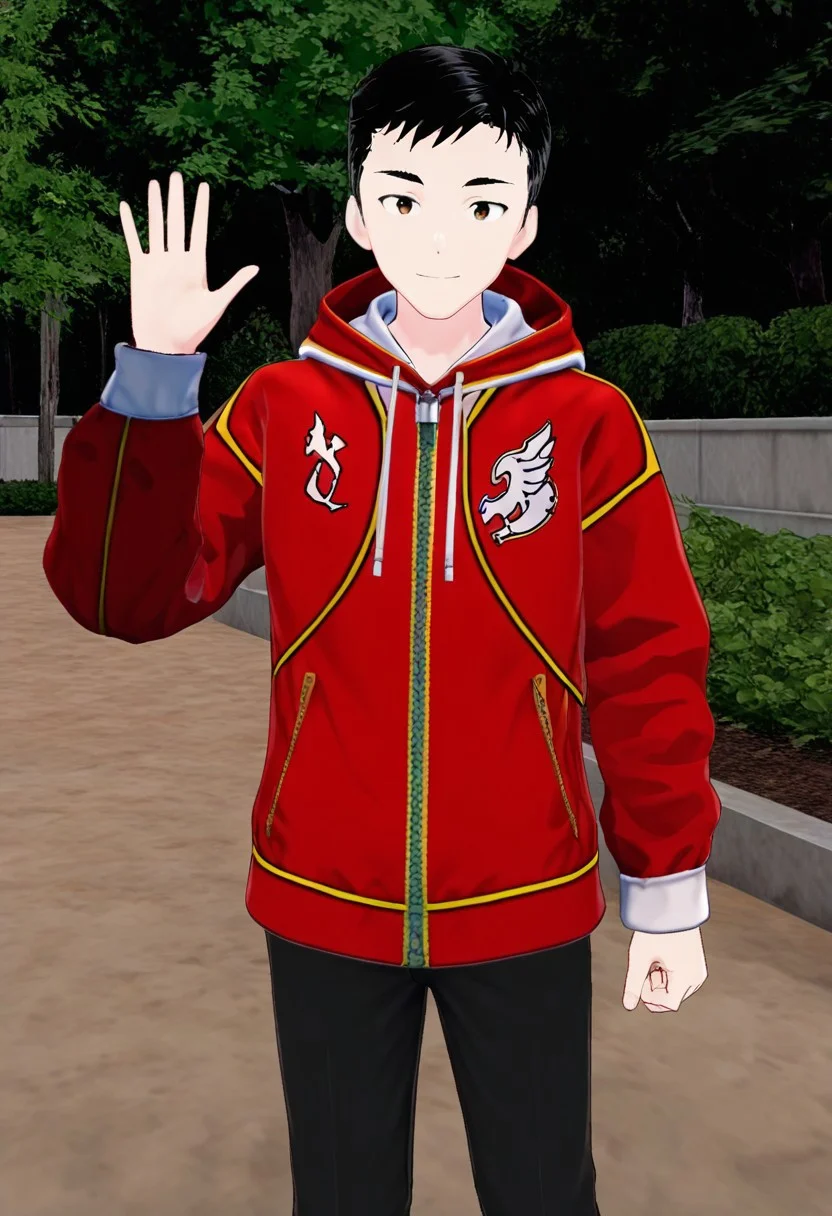 harmard, black hair, short hair, brown eyes, 1boy, solo, solo focus, red_white_jacket, black pants, young man, youthful, outdoor setting, right hand waving gesture, left hand leans on hip,
